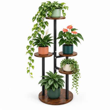Round Plant Stand with 5 Tiers, Iron and MDF – 80 cm, Dark Brown, Black
