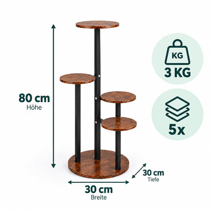 Round Plant Stand with 5 Tiers, Iron and MDF – 80 cm, Dark Brown, Black