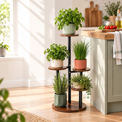 Round Plant Stand with 5 Tiers, Iron and MDF – 80 cm, Dark Brown, Black