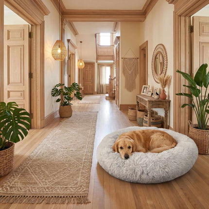 Pat rotund pentru câini din pluș, 100 cm, gri deschis