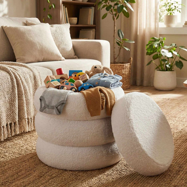 Taburet rotund din pluș – Material textil Teddy, Șezut căptușit