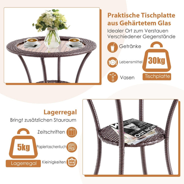 Masă rotundă de exterior din ratan cu blat și raft din sticlă