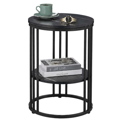 Round Side Table with 2 Marble-Look Shelves, Iron Frame – Black