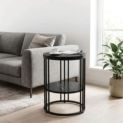 Round Side Table with 2 Marble-Look Shelves, Iron Frame – Black