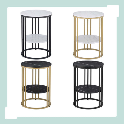 Round Side Table with 2 Marble-Look Shelves, Iron Frame – Black