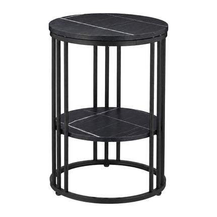 Round Side Table with 2 Marble-Look Shelves, Iron Frame – Black