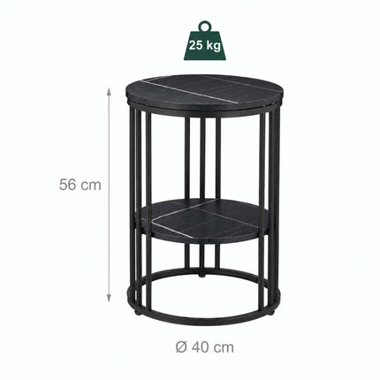 Round Side Table with 2 Marble-Look Shelves, Iron Frame – Black