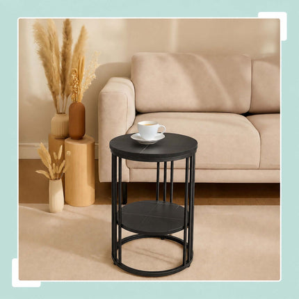 Round Side Table with 2 Marble-Look Shelves, Iron Frame – Black