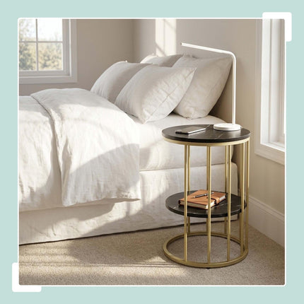 Round Side Table with 2 Marble-Look Shelves, Iron Frame – Gold, Black