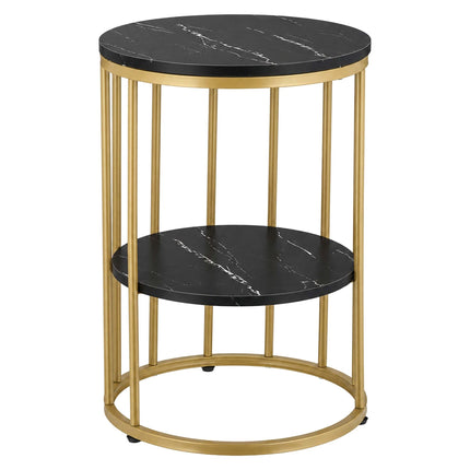 Round Side Table with 2 Marble-Look Shelves, Iron Frame – Gold, Black