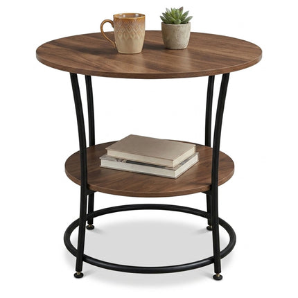 Round Side Table with 2 Shelves and Adjustable Feet, Black, Brown Wood-Effect