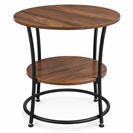 Round Side Table with 2 Shelves and Adjustable Feet, Black, Brown Wood-Effect