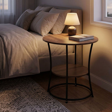 Round Side Table with 2 Shelves and Adjustable Feet, Black, Brown Wood-Effect
