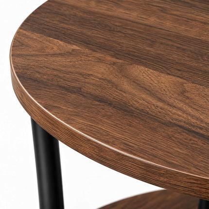 Round Side Table with 2 Shelves and Adjustable Feet, Black, Brown Wood-Effect