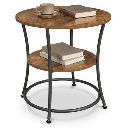Round Side Table with 2 Shelves and Adjustable Feet, Grey, Rustic Wood-Effect