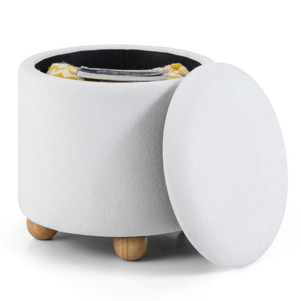 Otoman rotund de depozitare cu capac detașabil, culoare chenille albă