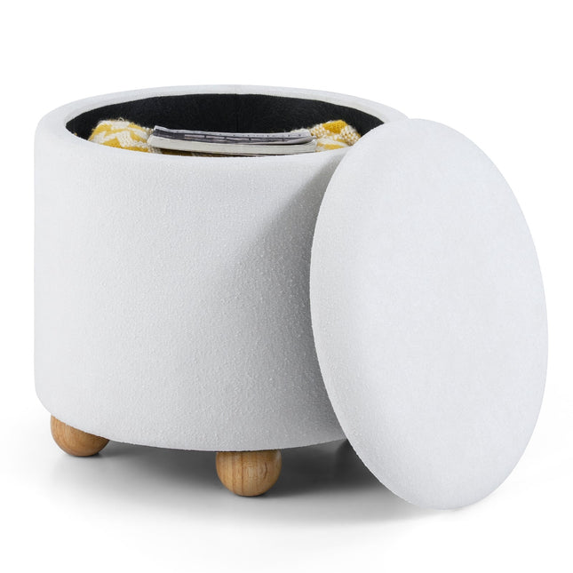 Otoman rotund de depozitare cu capac detașabil, culoare chenille albă