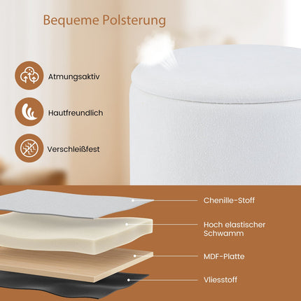 Otoman rotund de depozitare cu capac detașabil, culoare chenille albă