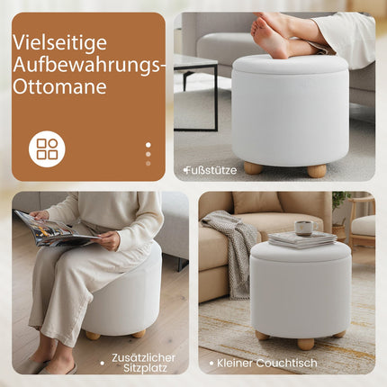 Otoman rotund de depozitare cu capac detașabil, culoare chenille albă