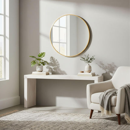 Oglindă rotundă de perete – ramă metalică, decorativă, versatilă