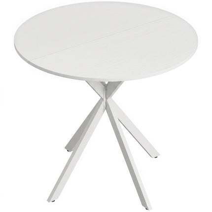 Masă de bucătărie rotundă albă, 80 cm, blat cu aspect de lemn, picioare metalice