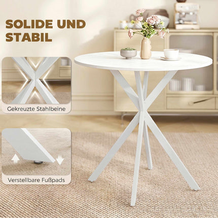 Masă de bucătărie rotundă albă, 80 cm, blat cu aspect de lemn, picioare metalice