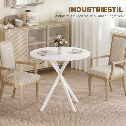 Masă de bucătărie rotundă albă, 80 cm, blat cu aspect de lemn, picioare metalice