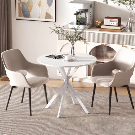 Masă de bucătărie rotundă albă, 80 cm, blat cu aspect de lemn, picioare metalice