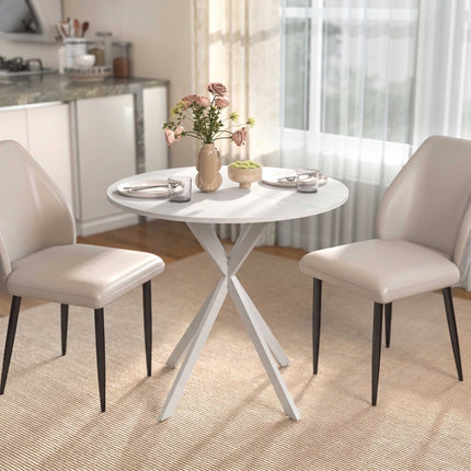 Masă de bucătărie rotundă albă, 80 cm, blat cu aspect de lemn, picioare metalice