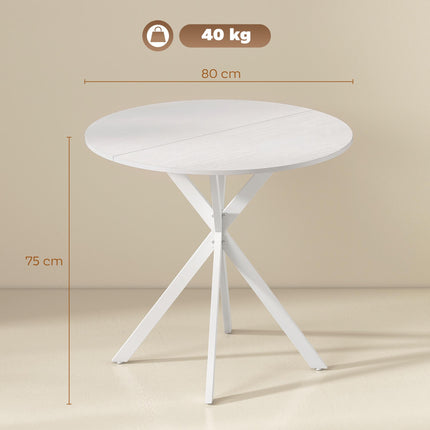Masă de bucătărie rotundă albă, 80 cm, blat cu aspect de lemn, picioare metalice