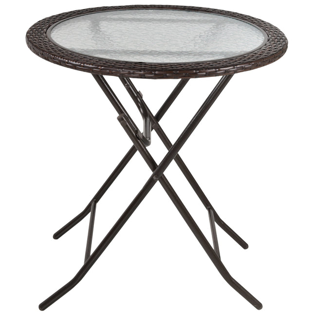 Round folding camping table - brown rattan, steel, Ø68 Cm