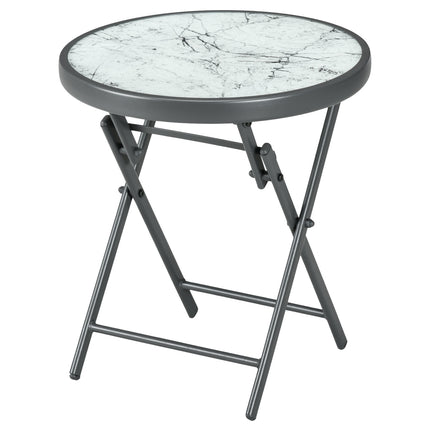 Masuta laterala plianta, masa plianta din sticla cu aspect de marmura, masa mica de camping, masa rotunda de canapea, masa de balcon pentru balcon, terasa, living, birou, 45 x 45 x 50 cm, alb