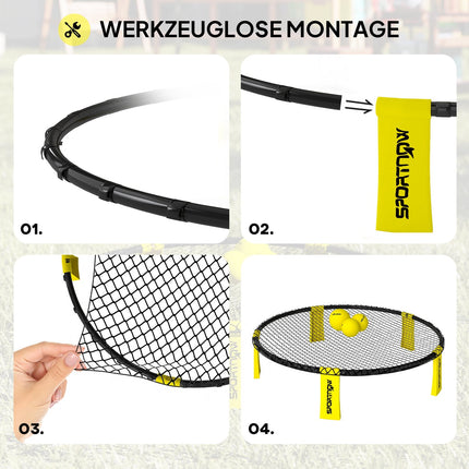 Set Roundnet cu plasă de joc, 3 mingi, geantă de transport și pompă pentru mingi, Ø92 x 20 cm, galben