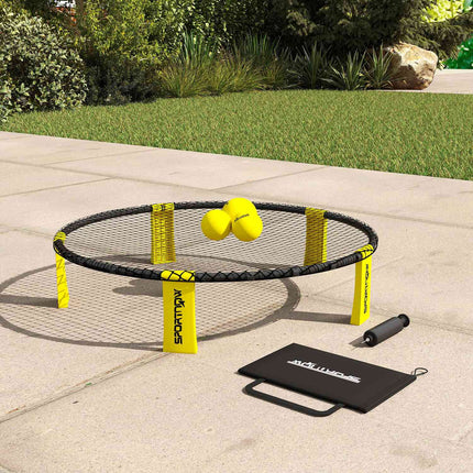 Set Roundnet cu plasă de joc, 3 mingi, geantă de transport și pompă pentru mingi, Ø92 x 20 cm, galben