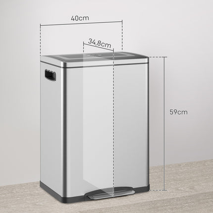 Coș de gunoi Coș de gunoi 40L cu pedală cu capac și pedală, coș de gunoi cu 2 coșuri interioare, funcție de închidere moale pentru living, birou, oțel inoxidabil, argintiu, 40 x 34,8 x 59 cm |