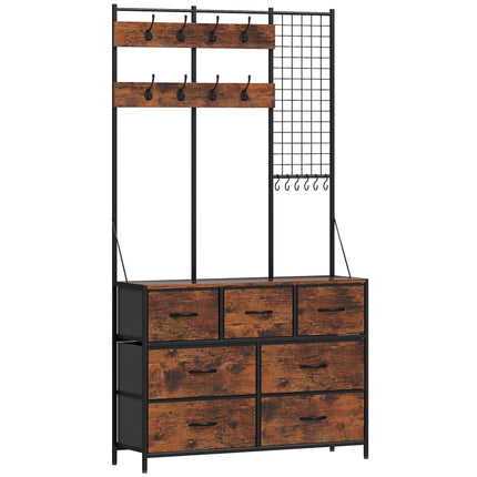 Cuier rustic maro cu 14 cârlige și sertare din material textil