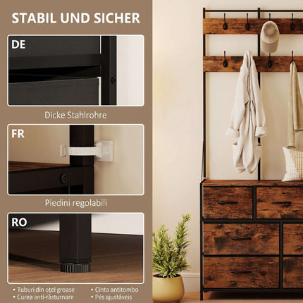 Cuier rustic maro cu 14 cârlige și sertare din material textil