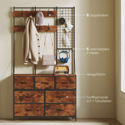 Cuier rustic maro cu 14 cârlige și sertare din material textil
