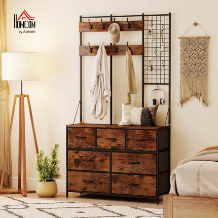 Cuier rustic maro cu 14 cârlige și sertare din material textil