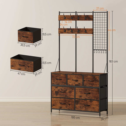 Cuier rustic maro cu 14 cârlige și sertare din material textil