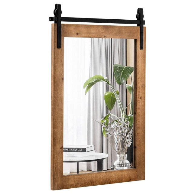 Oglinda de perete rustica cu rama din lemn si suport metalic, 76x56 cm