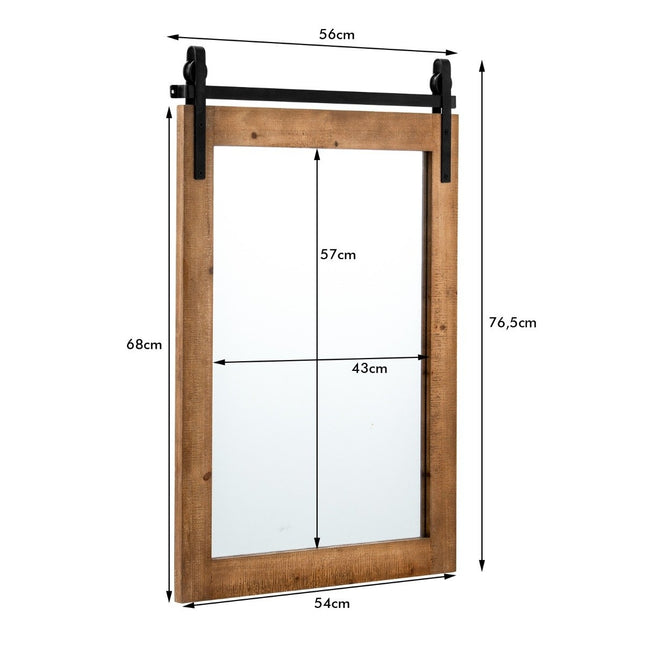 Oglinda de perete rustica cu rama din lemn si suport metalic, 76x56 cm