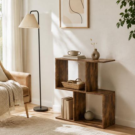 S-Shaped Side Table with 3 Tiers and 4 Compartments, Rustic Brown, Narrow