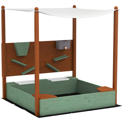 Wooden sandbox with seat & toys, 116 x 112.5 cm, green