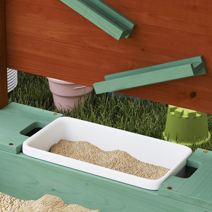 Wooden sandbox with seat & toys, 116 x 112.5 cm, green