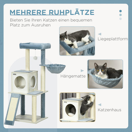 Stâlp pentru zgâriere 114Cm Arbore pentru pisici cu minge de joacă și pat agățat, peșteră pentru pisici, 2 platforme, pluș, albastru