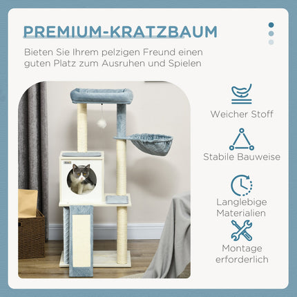 Stâlp pentru zgâriere 114Cm Arbore pentru pisici cu minge de joacă și pat agățat, peșteră pentru pisici, 2 platforme, pluș, albastru