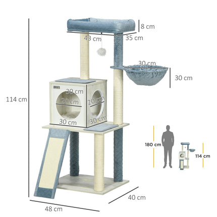 Stâlp pentru zgâriere 114Cm Arbore pentru pisici cu minge de joacă și pat agățat, peșteră pentru pisici, 2 platforme, pluș, albastru