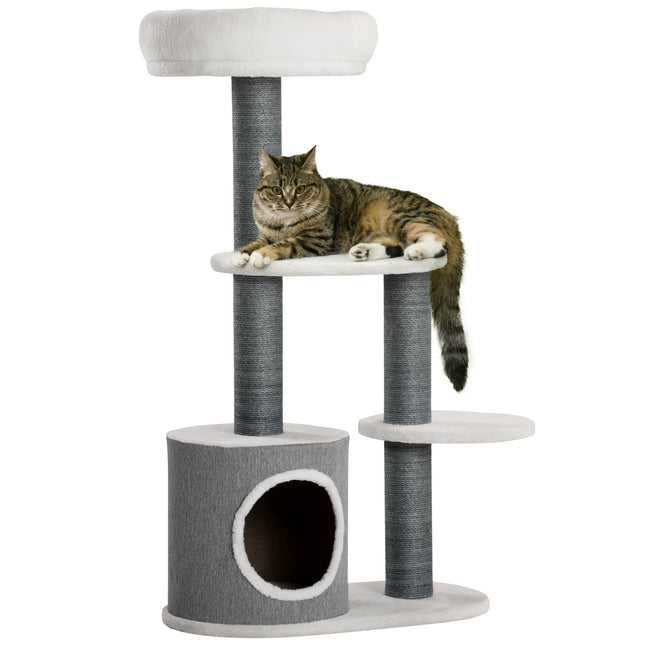 Cat tree with cave & scratching post, 98cm, grey/white