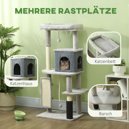 Tijă de zgâriat 132 cm arbore de pisici cu peșteră pentru pisici, minge de joacă, stâlp de zgâriat pisici cu stâlpi de zgâriat din sisal, pentru pisici până la 6 kg, gri deschis